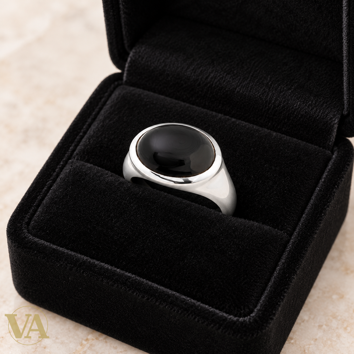 Bague femme argent 925 rhodié — Agate Noire Ovale et Monture Lisse — écrin