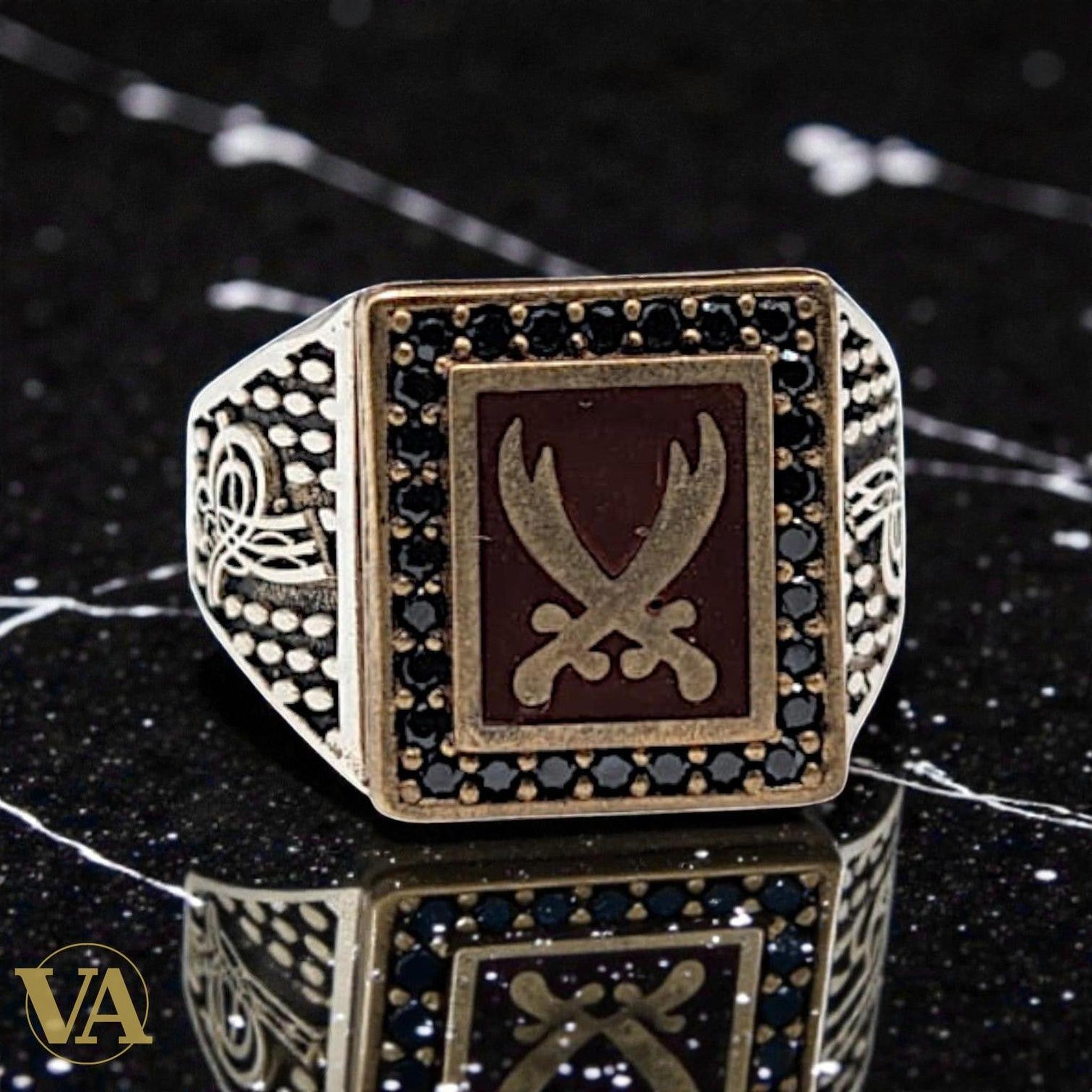 Bague homme argent 925 – Sabres Croisés Cornaline & Zirconiums - Argent 925 - Vindicta
