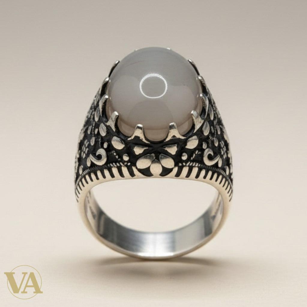 Chevalière Homme Argent 925 Agate Grise Couronne Arabesques Ottomanes