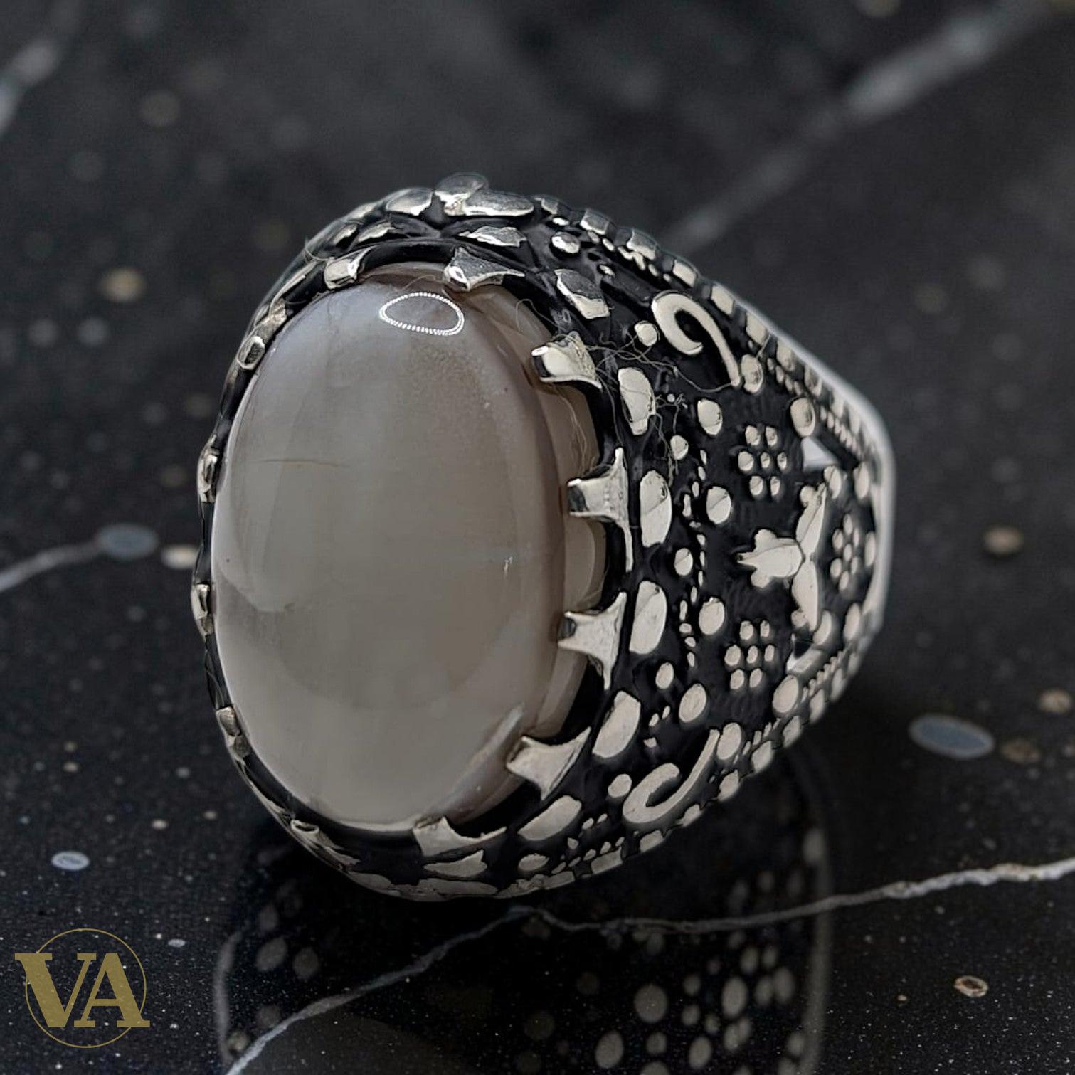 Chevalière Homme Argent 925 Agate Grise Couronne Arabesques Ottomanes
