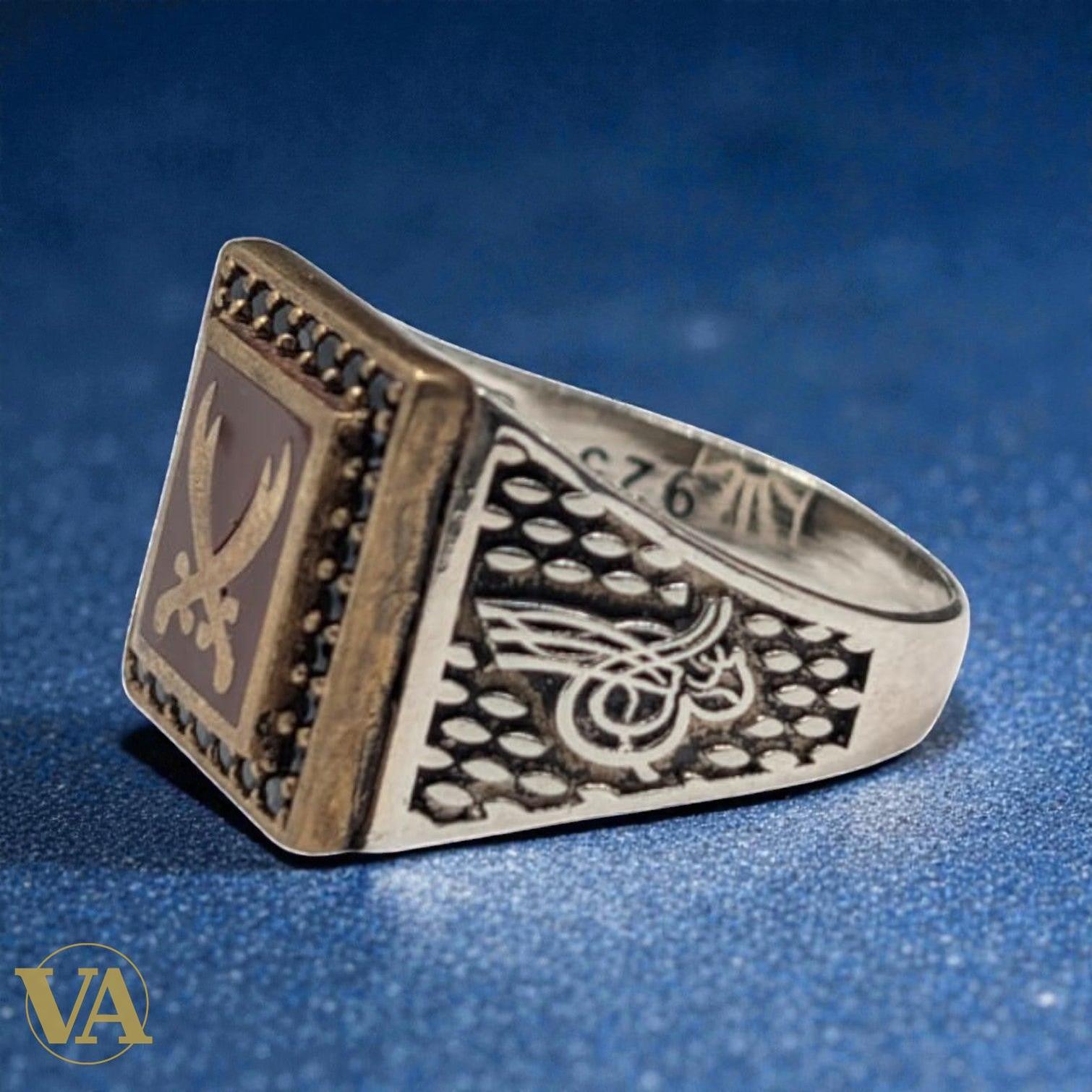 Bague homme argent 925 – Sabres Croisés Cornaline & Zirconiums | Bijoux Vindicta