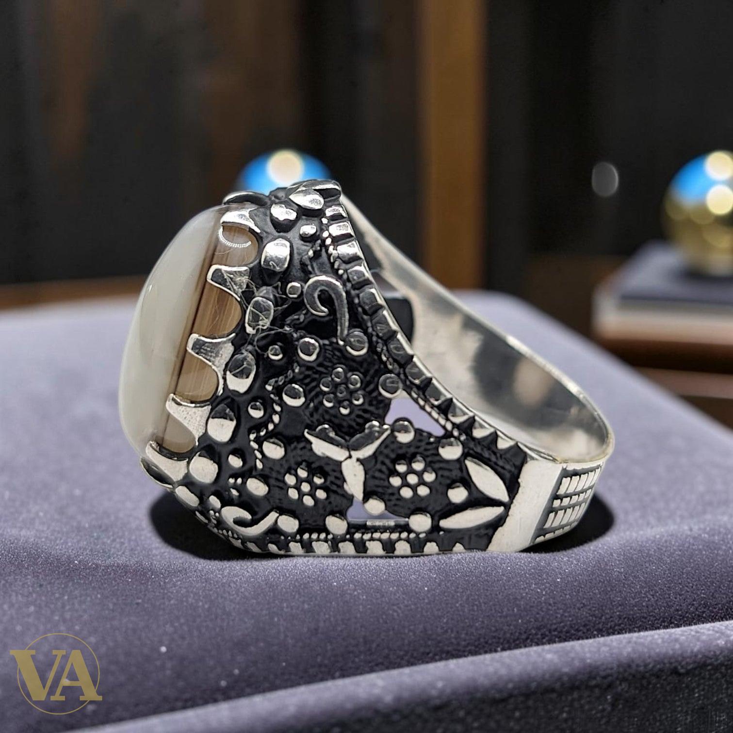 Chevalière Homme Argent 925 Agate Grise Couronne Arabesques Ottomanes