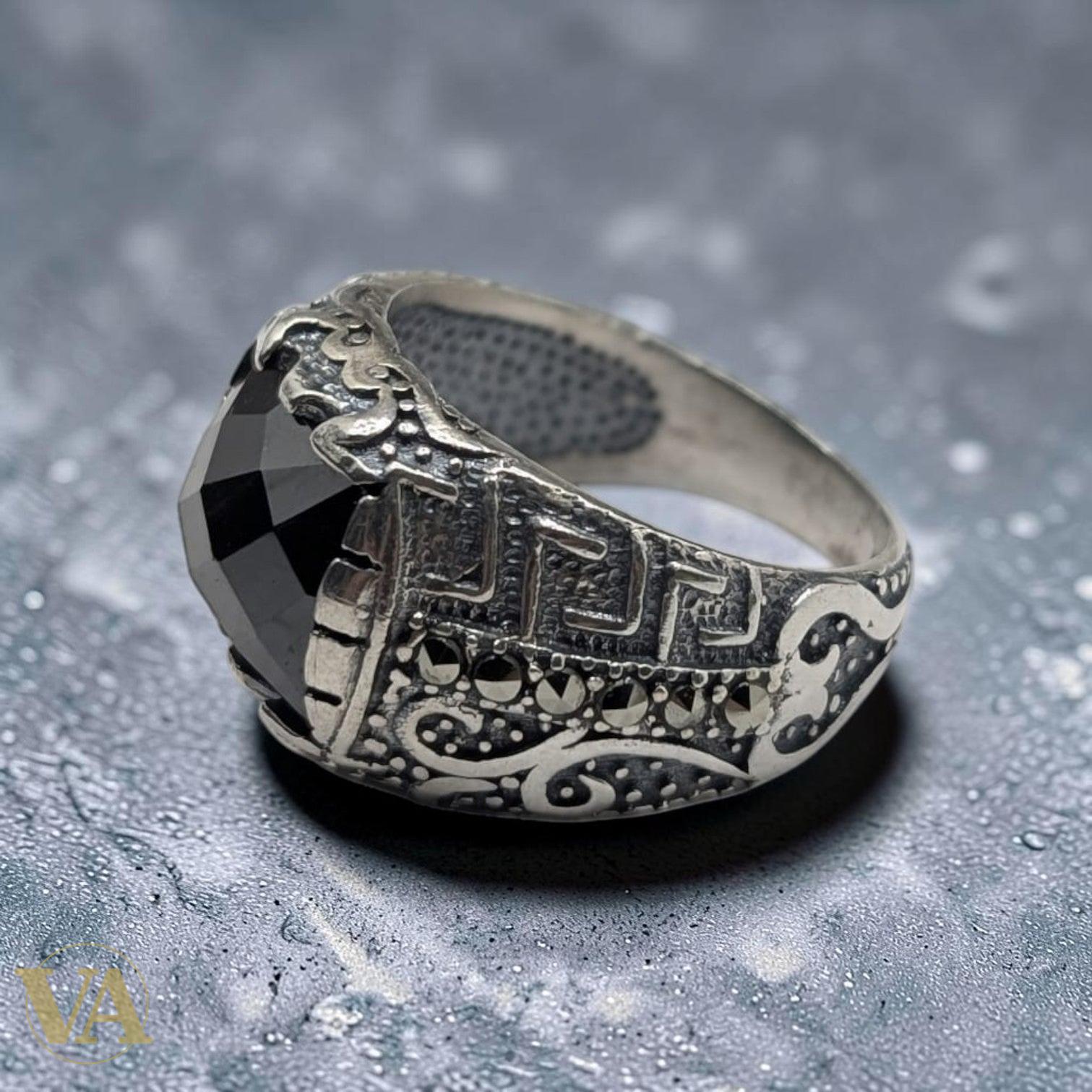 Chevalière Homme Argent 925 Onyx Noir Griffes Aigle Marcassite-Vindicta : Bijoux Argent 925 Massif, Luxe et Héritage