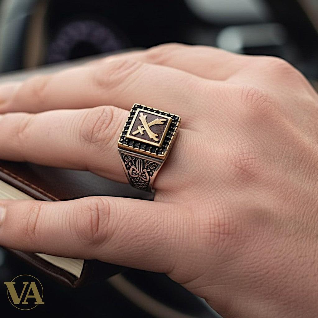 Bague homme argent 925 – Sabres Croisés Cornaline & Zirconiums