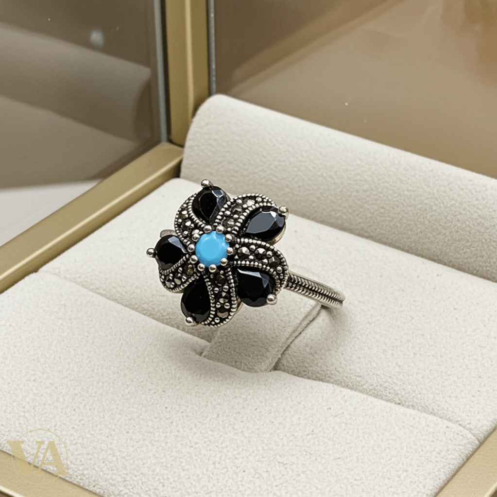 Bague Femme Fleur Argent 925 – Onyx noir & Turquoise - Argent 925 - Vindicta