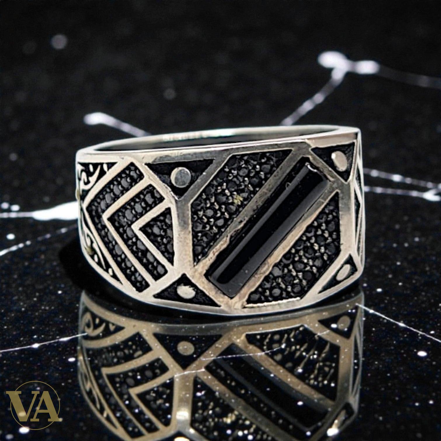 Bague homme argent 925 – Onyx Baguette & Pavé Géométrique Art Déco | Bijoux Vindicta