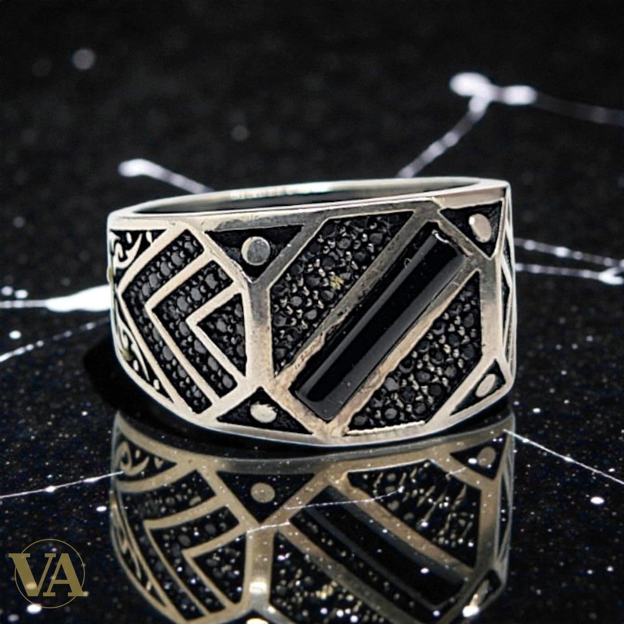 Bague homme argent 925 – Onyx Baguette & Pavé Géométrique Art Déco | Bijoux Vindicta