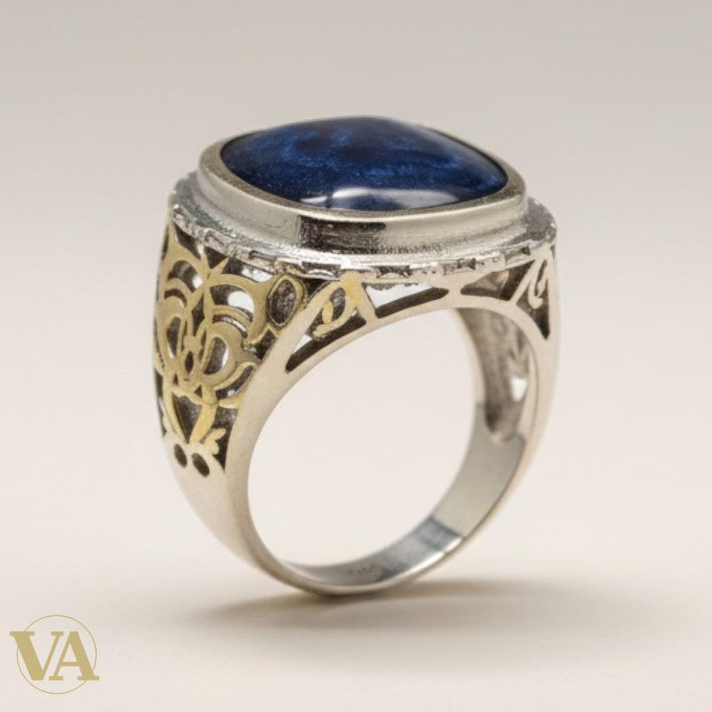 Chevalière Homme Argent 925 Pierre Bleue Flancs Plaqués Or Arabesques