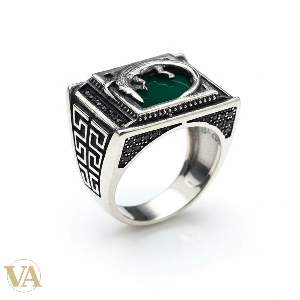 Chevalière Homme Argent 925 Aventurine Verte Crocodile Relief Motif Grec-Vindicta : Bijoux Argent 925 Massif, Luxe et Héritage