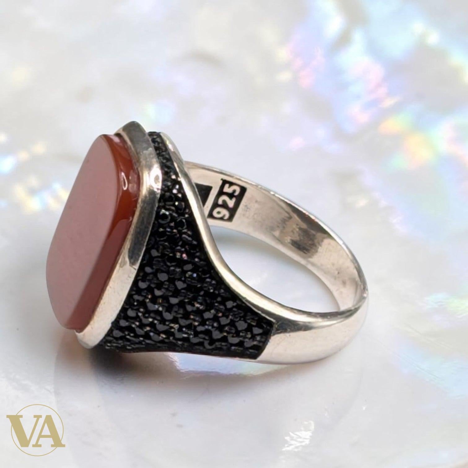 Bague Homme Argent 925 Cornaline – Plateau Carré & Marcassites Ottoman | Bijoux Vindicta