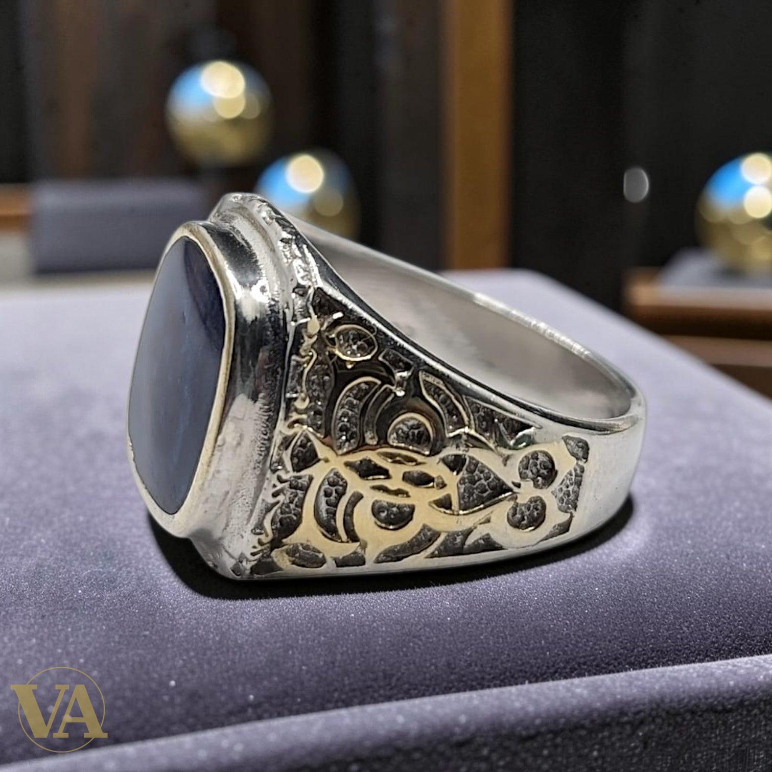 Chevalière Homme Argent 925 Pierre Bleue Flancs Plaqués Or Arabesques