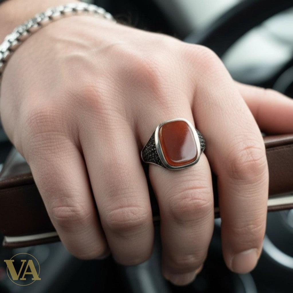 Bague Homme Argent 925 Cornaline – Plateau Carré & Marcassites Ottoman | Bijoux Vindicta
