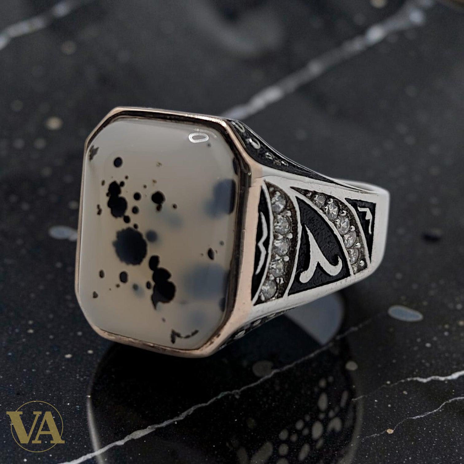 Chevalière Homme Argent 925 Agate Dendritique Octogonale Zircons
