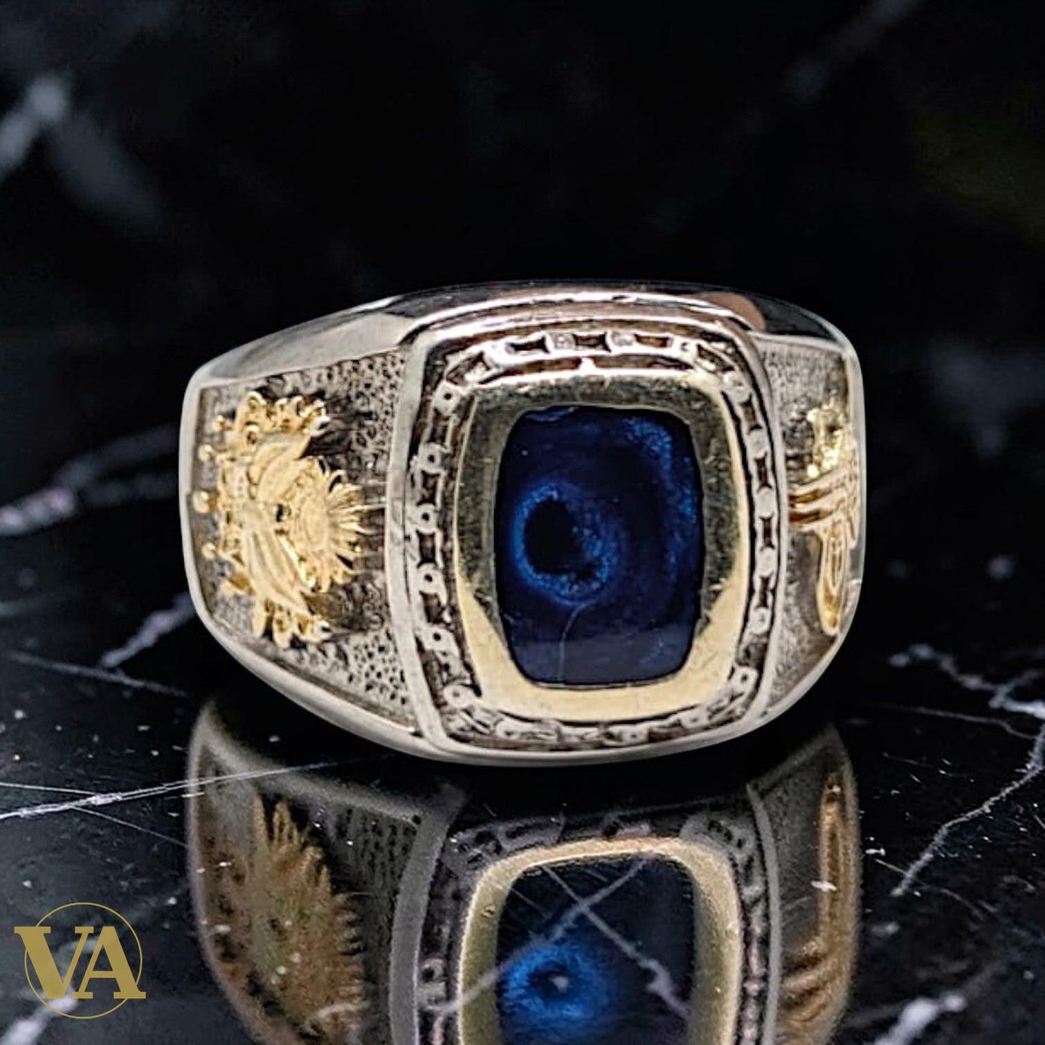 Bague homme argent 925 – Agate Bleue & Aigle Bicéphale Doré | Bijoux Vindicta