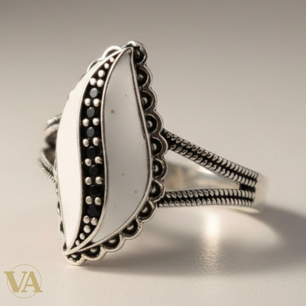 Bague femme argent 925 Nacre blanche marquise Onyx noir milgrain tige torsadée-Vindicta : Bijoux Argent 925 Massif, Luxe et Héritage