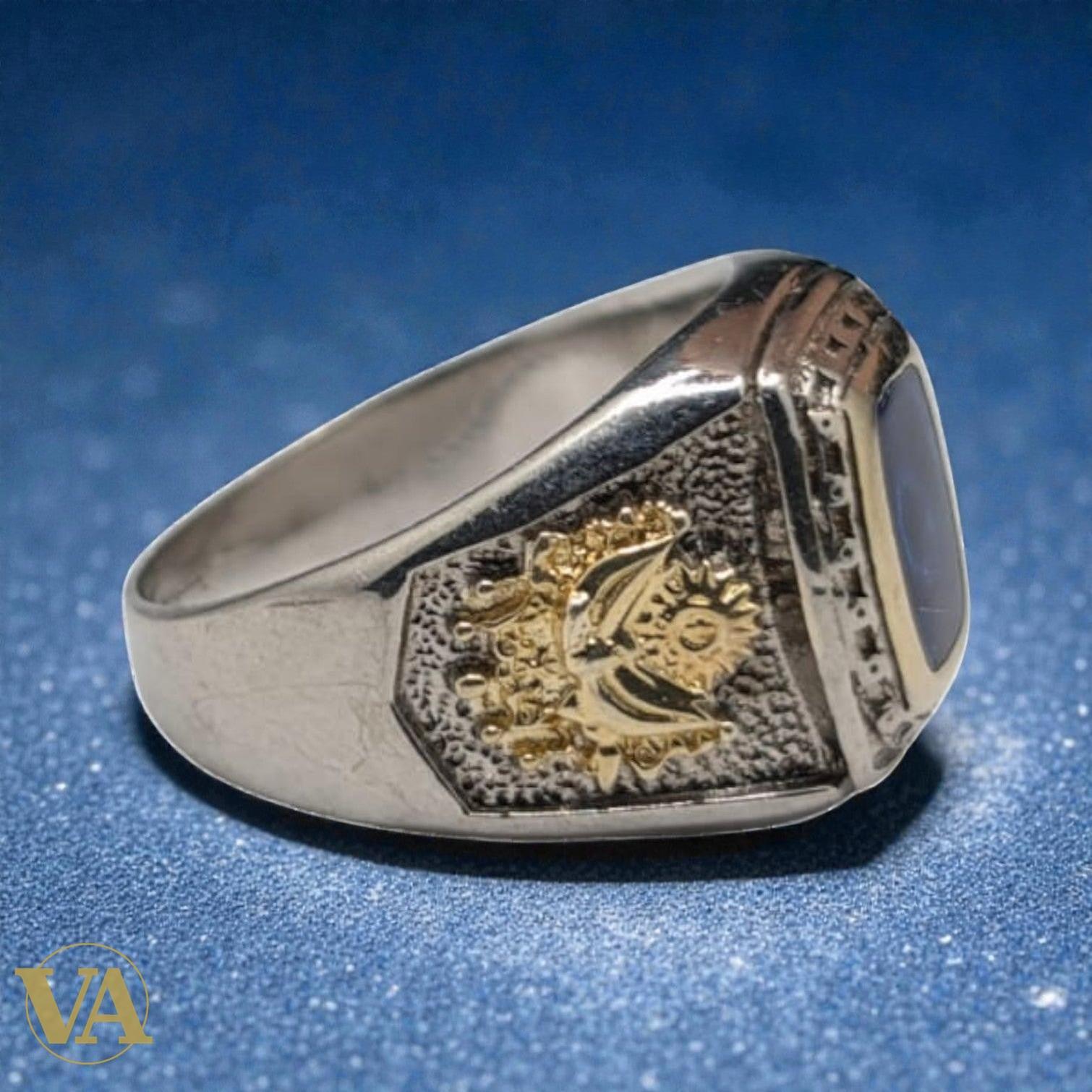 Bague homme argent 925 – Agate Bleue & Aigle Bicéphale Doré | Bijoux Vindicta