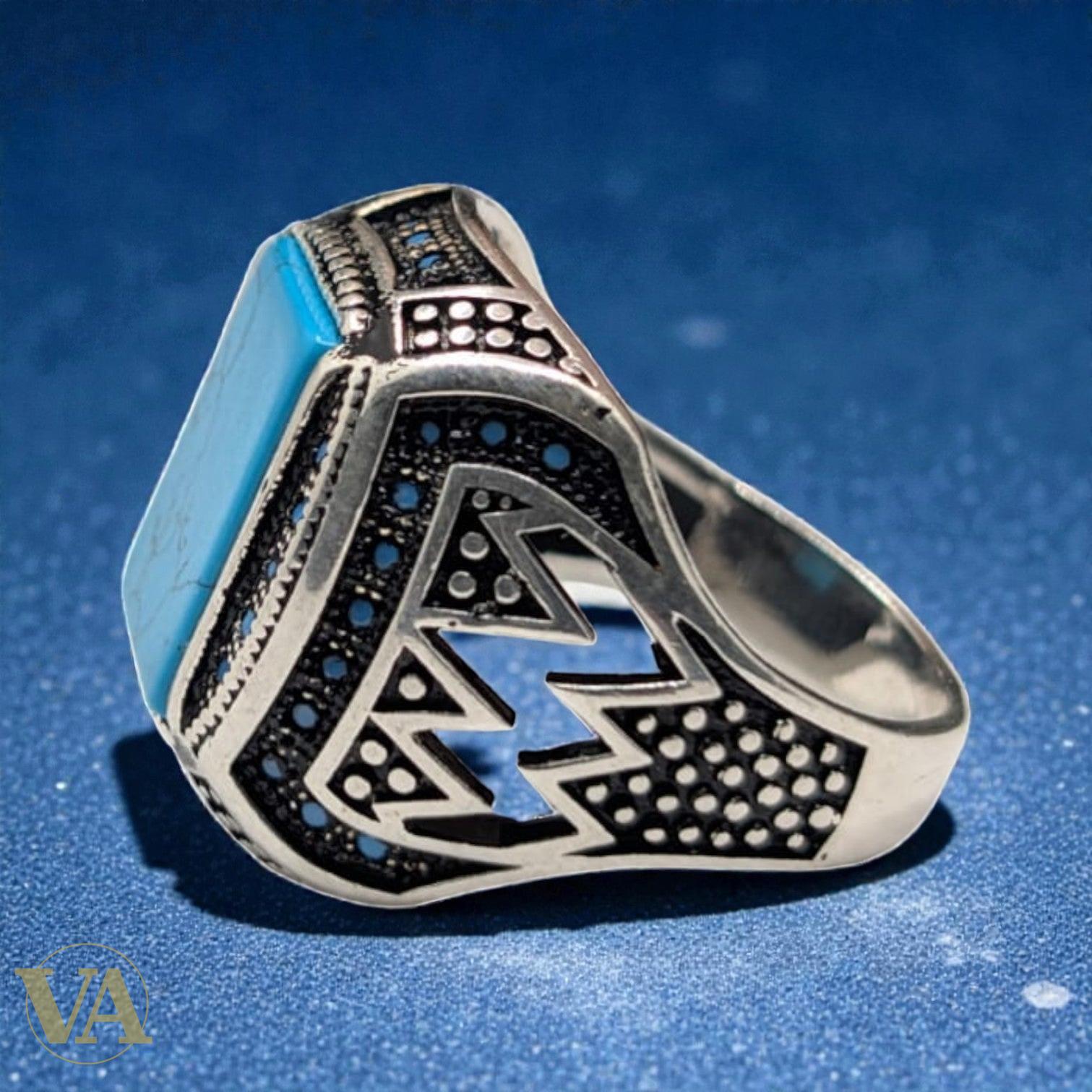 Bague homme argent 925 – Turquoise & Marcassite Motifs Tribaux | Bijoux Vindicta