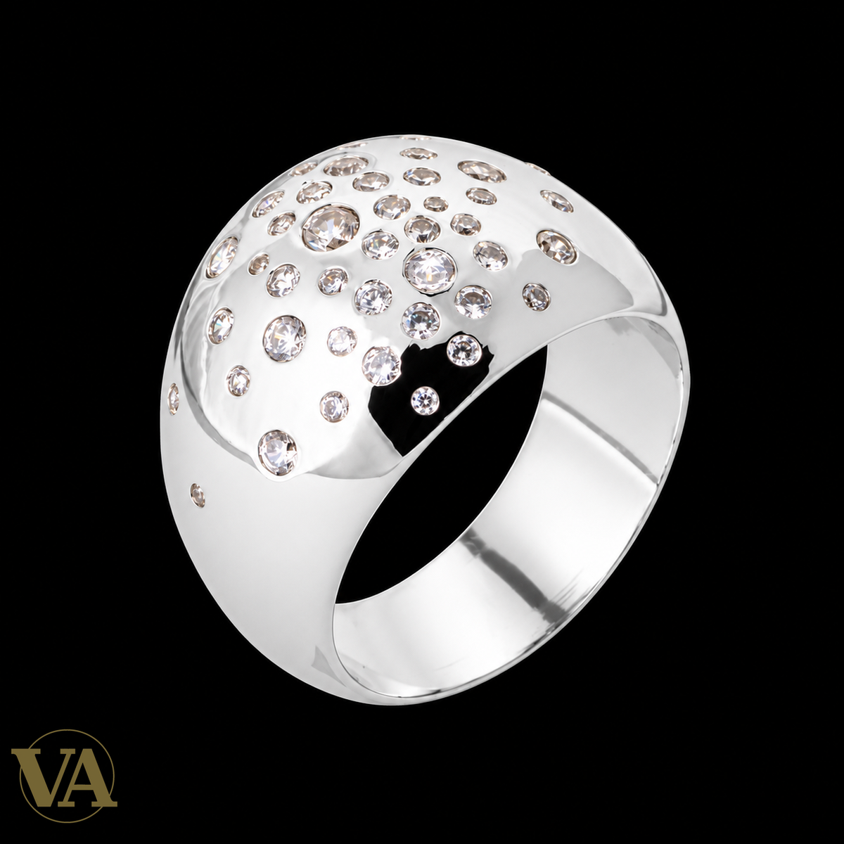 Bague femme argent 925 rhodié — Dôme Poli et Zirconiums Étoilés — fond noir