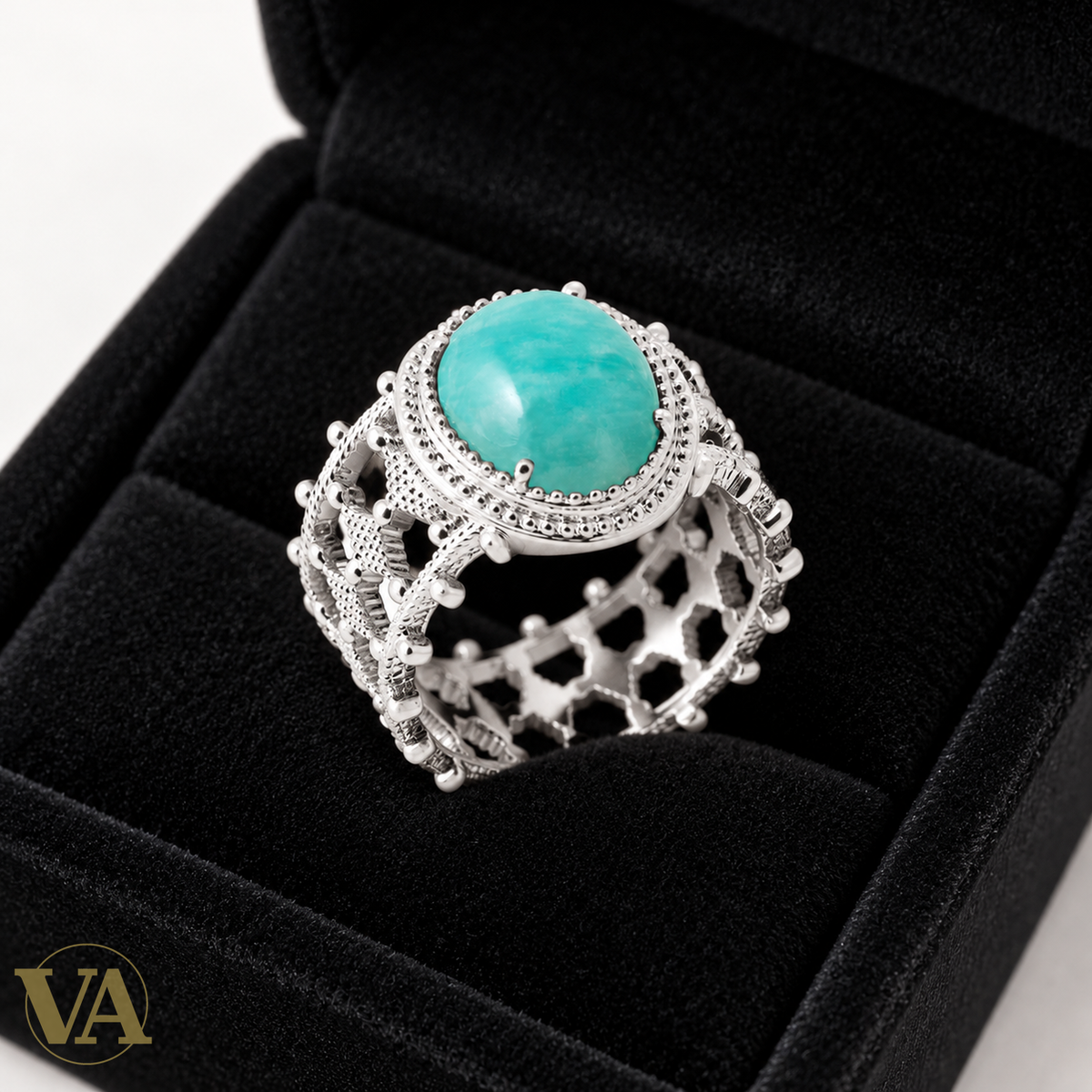 Bague femme argent 925 rhodié — Amazonite Ovale et Dentelle Ajourée — écrin