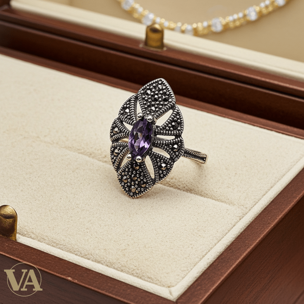 Bague Femme argent 925 améthyste et marcassites - Argent 925 - Vindicta