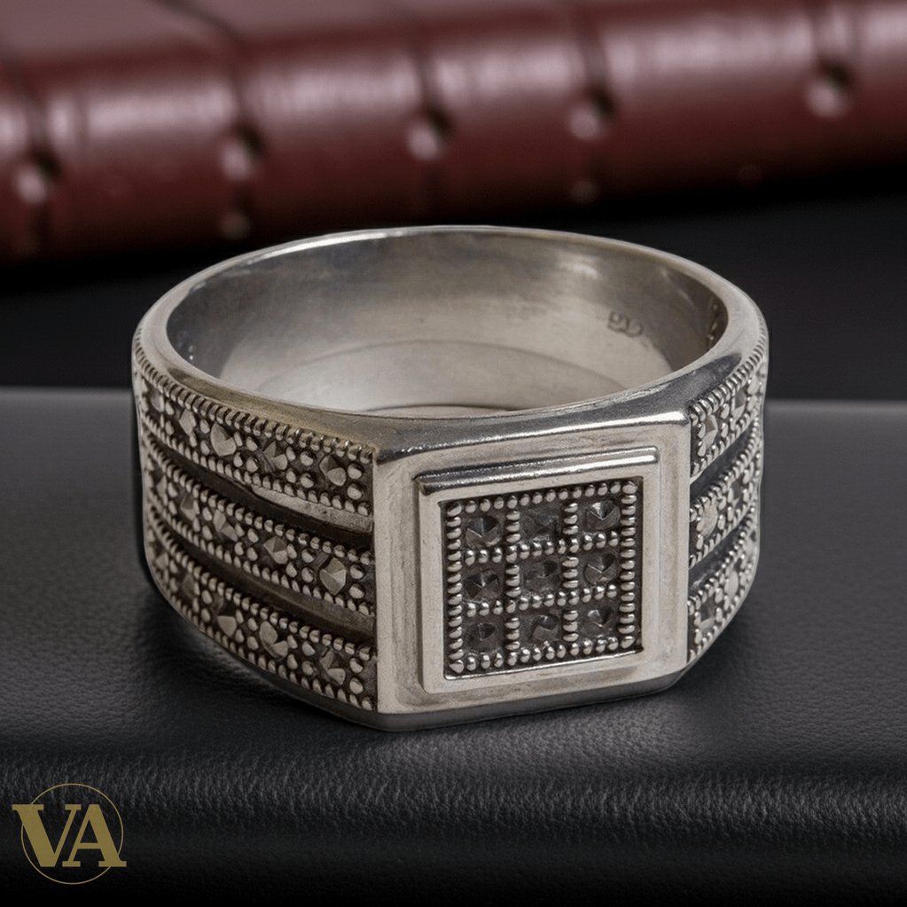 Bague Homme Argent 925 – Motif carré géométrique & marcassites serties - Argent 925 - Vindicta