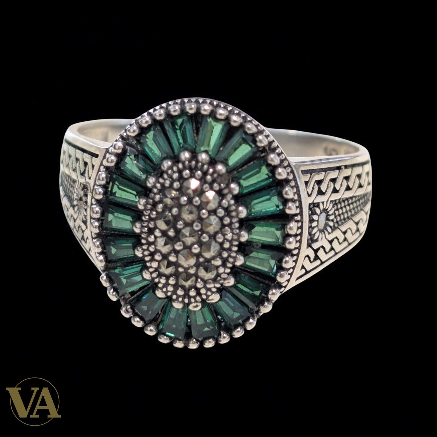 Bague Homme Argent 925 – Marcassite & Vert Émeraude