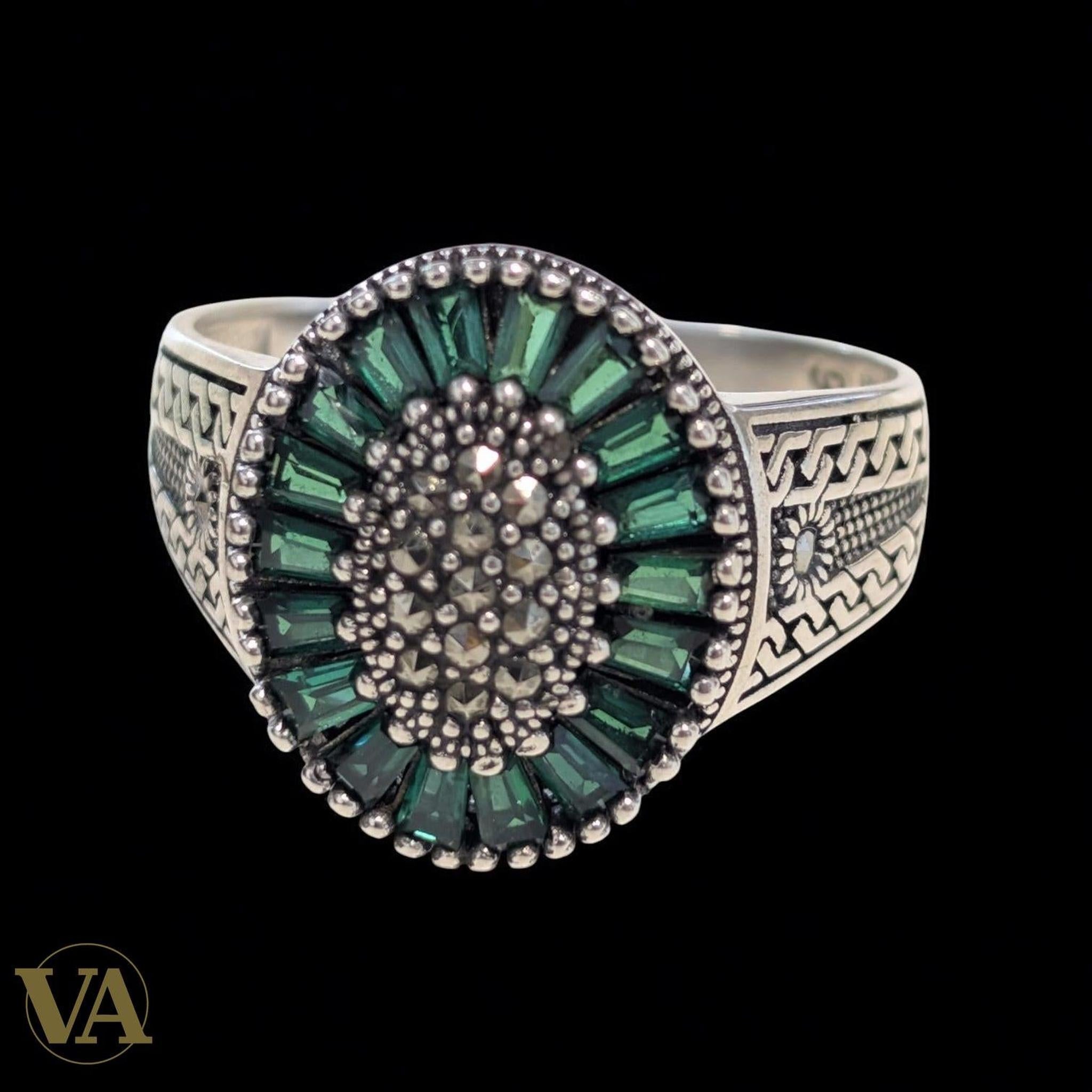 Bague Homme Argent 925 – Marcassite & Vert Émeraude - Argent 925 - Vindicta