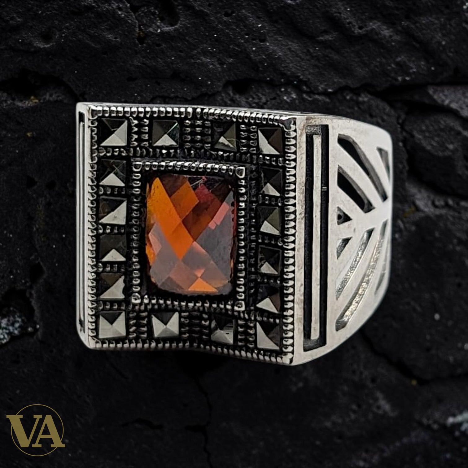 Chevalière Homme Argent 925 Grenat Rouge Marcassite Motif Éventail - Argent 925 - Vindicta