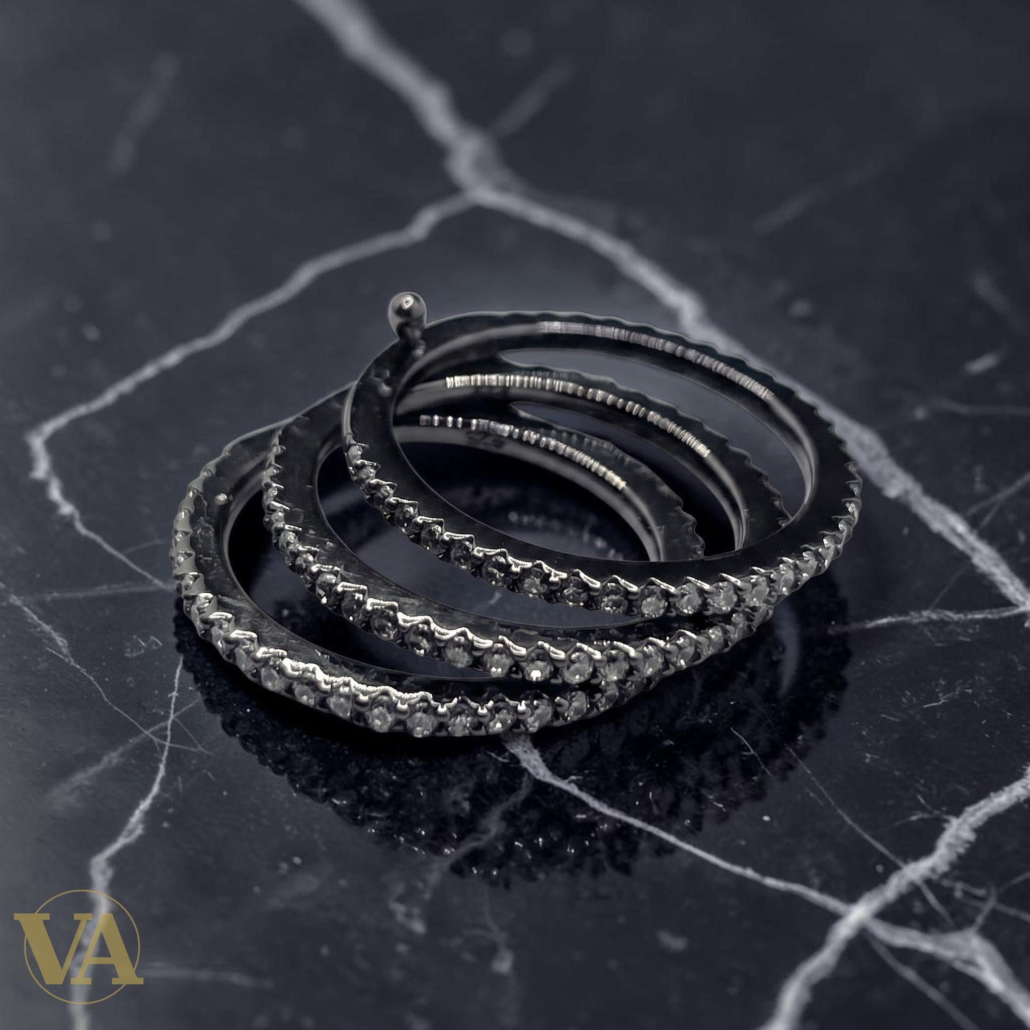 Bague Femme Argent 925 Oxyde de Zirconium Pavé 3 Rangs Noire