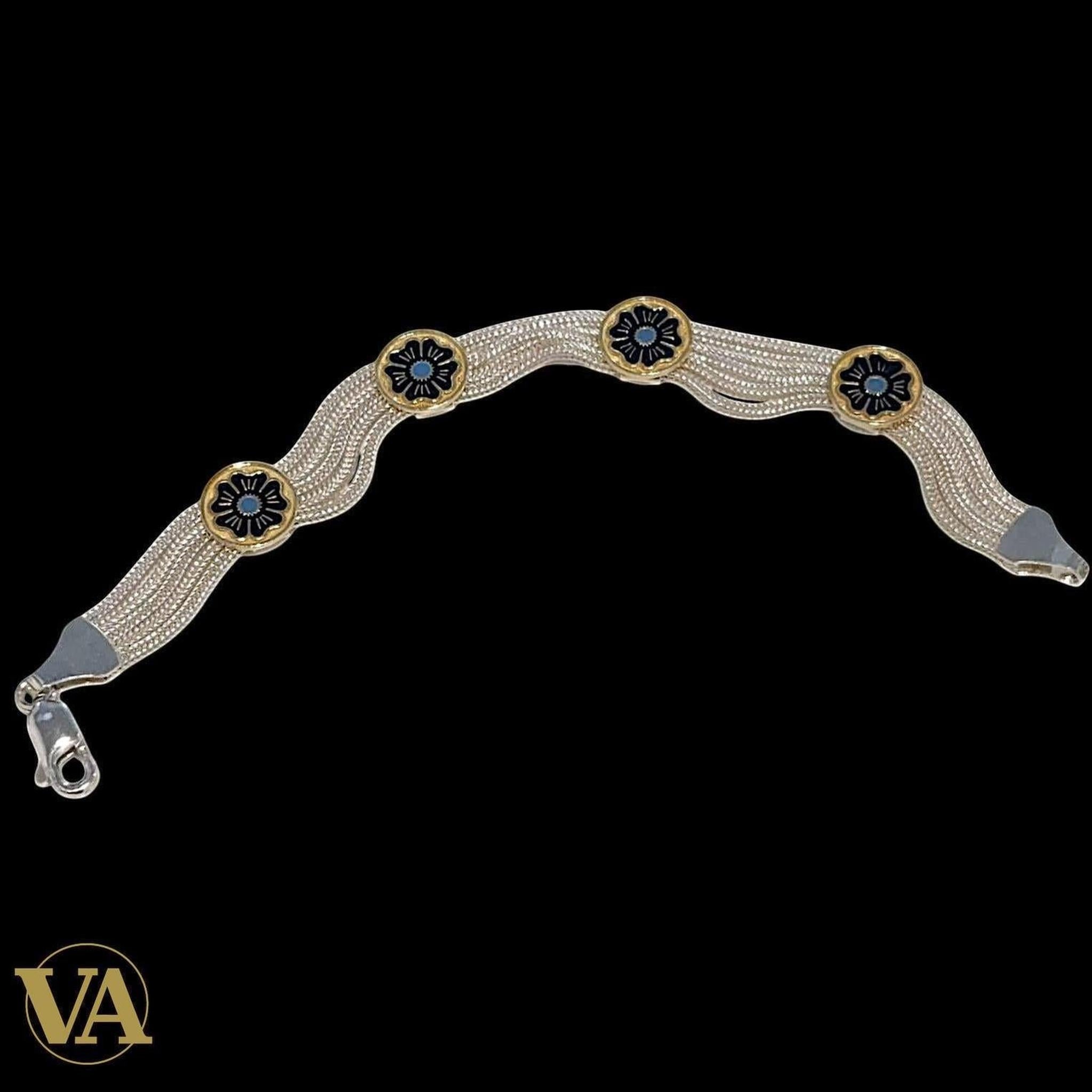Bracelet femme argent 925 multi-chaînes rosaces dorées turquoise | Bijoux Vindicta