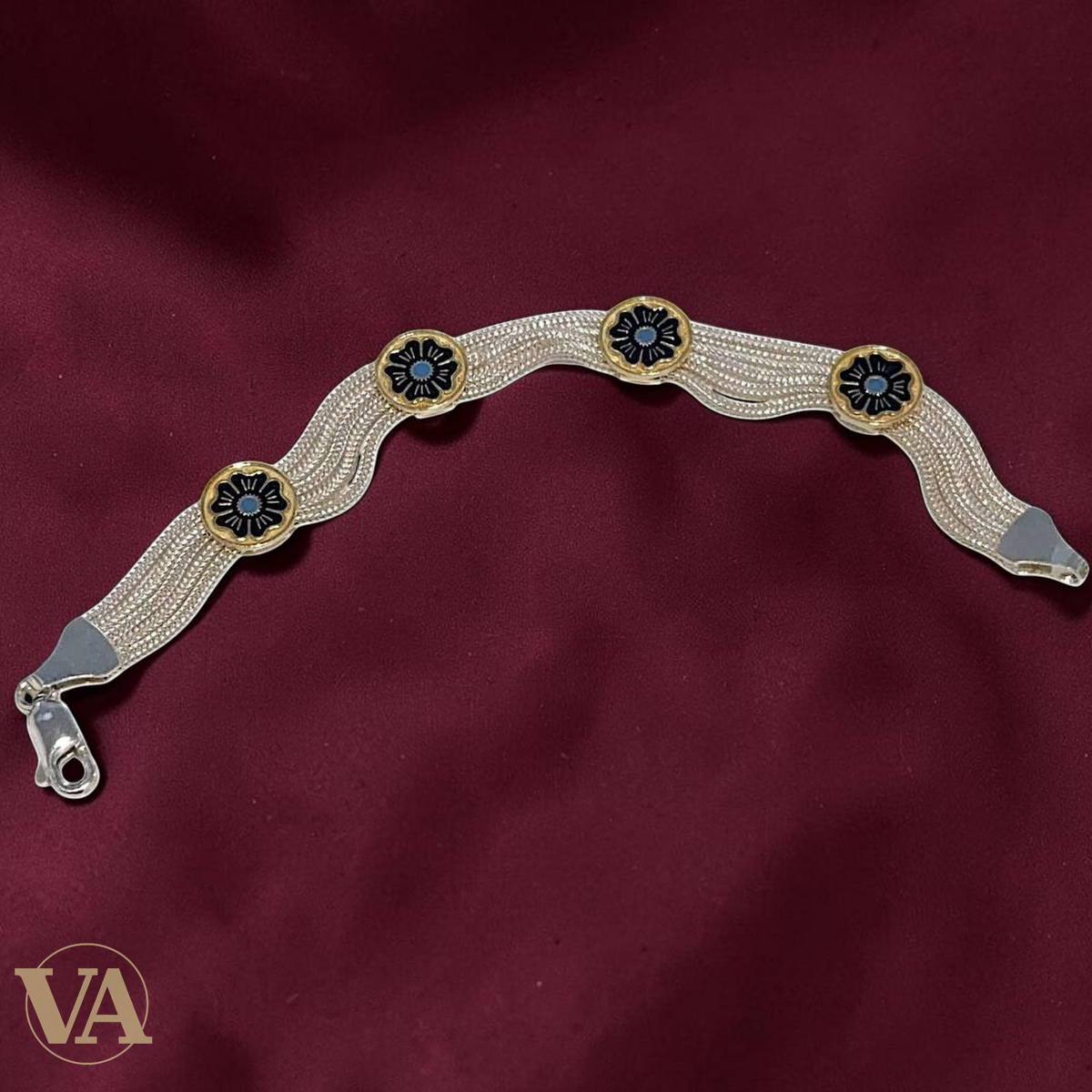 Bracelet femme argent 925 multi-chaînes rosaces dorées turquoise