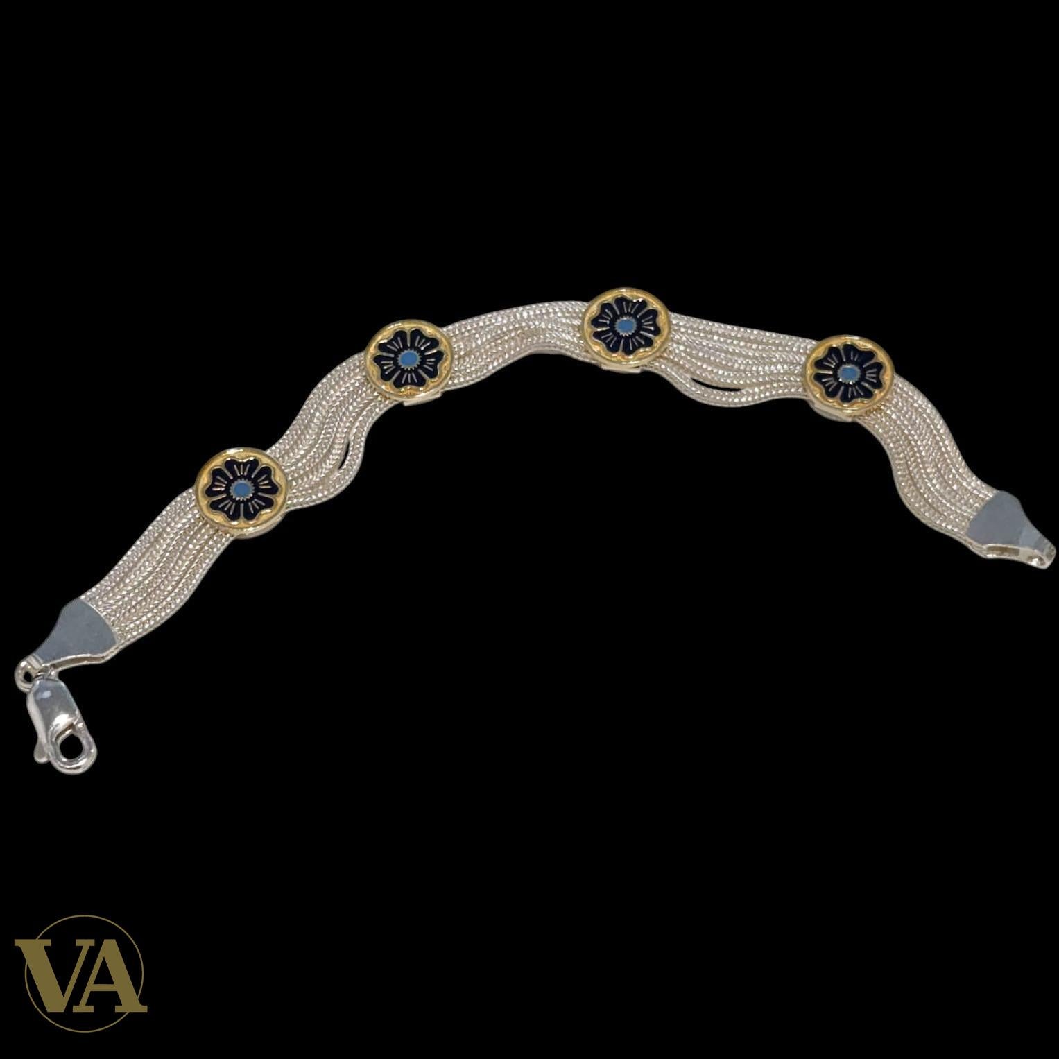 Bracelet femme argent 925 multi-chaînes rosaces dorées turquoise