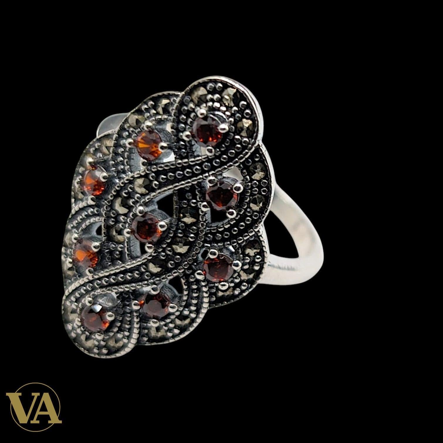 Bague Femme Argent 925 Grenat & Marcassite – Design Vintage Ajouré