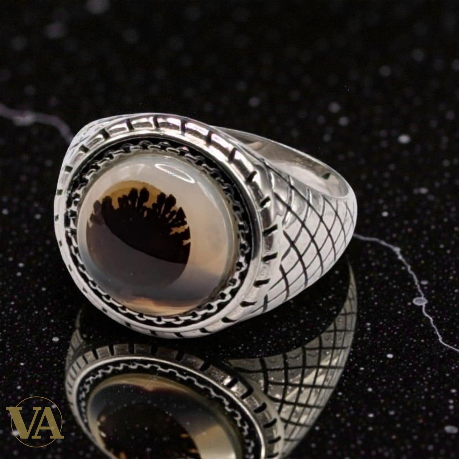Bague Homme Argent 925 Agate Dendritique – Motif Quadrillé Ottoman | Bijoux Vindicta