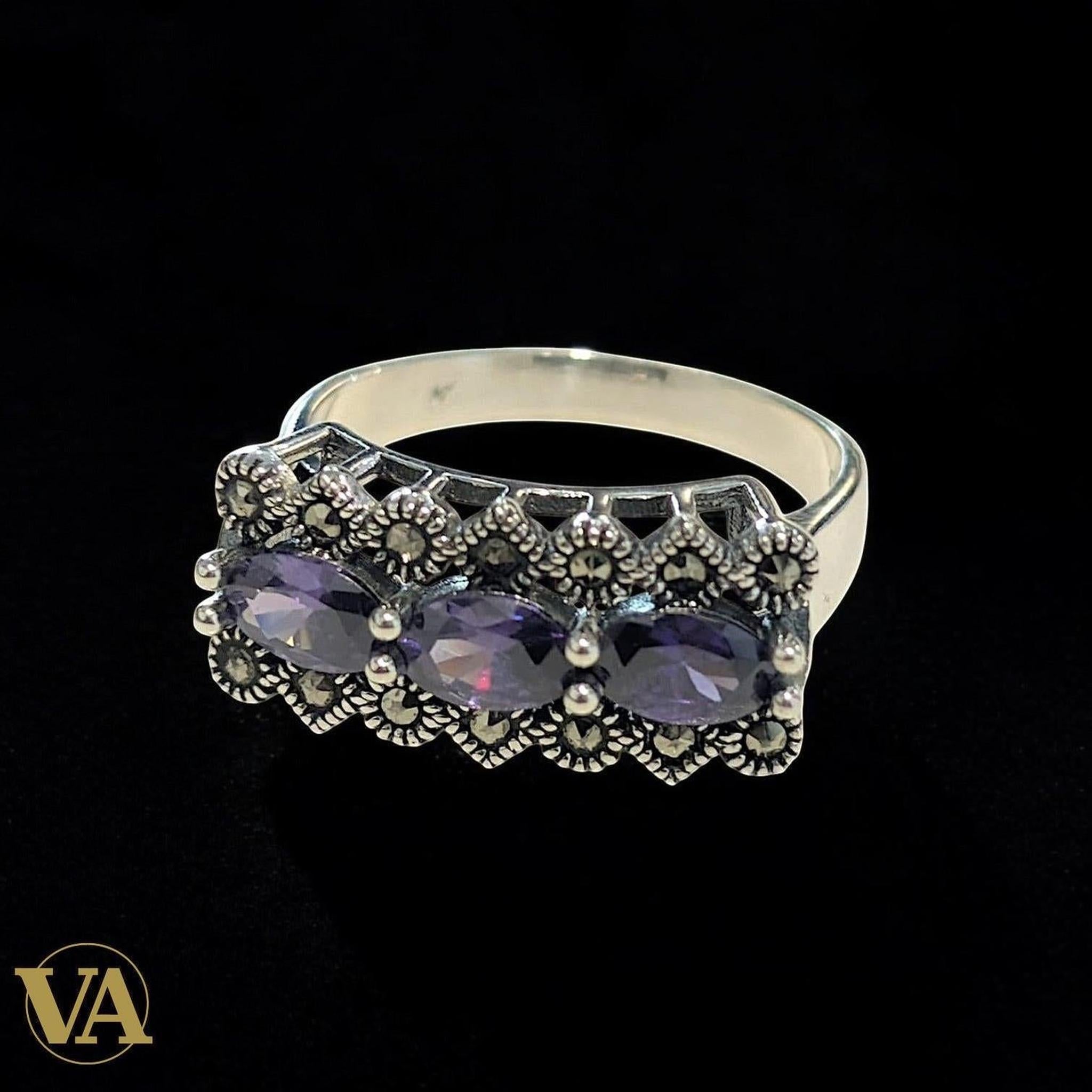 Bague femme Argent 925 Améthystes & Marcassites – Style Vintage Chic - Argent 925 - Vindicta