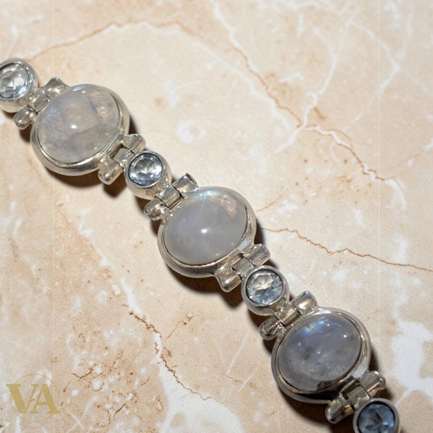 Bracelet Femme Argent 925 Pierre de Lune & Cristaux Vintage