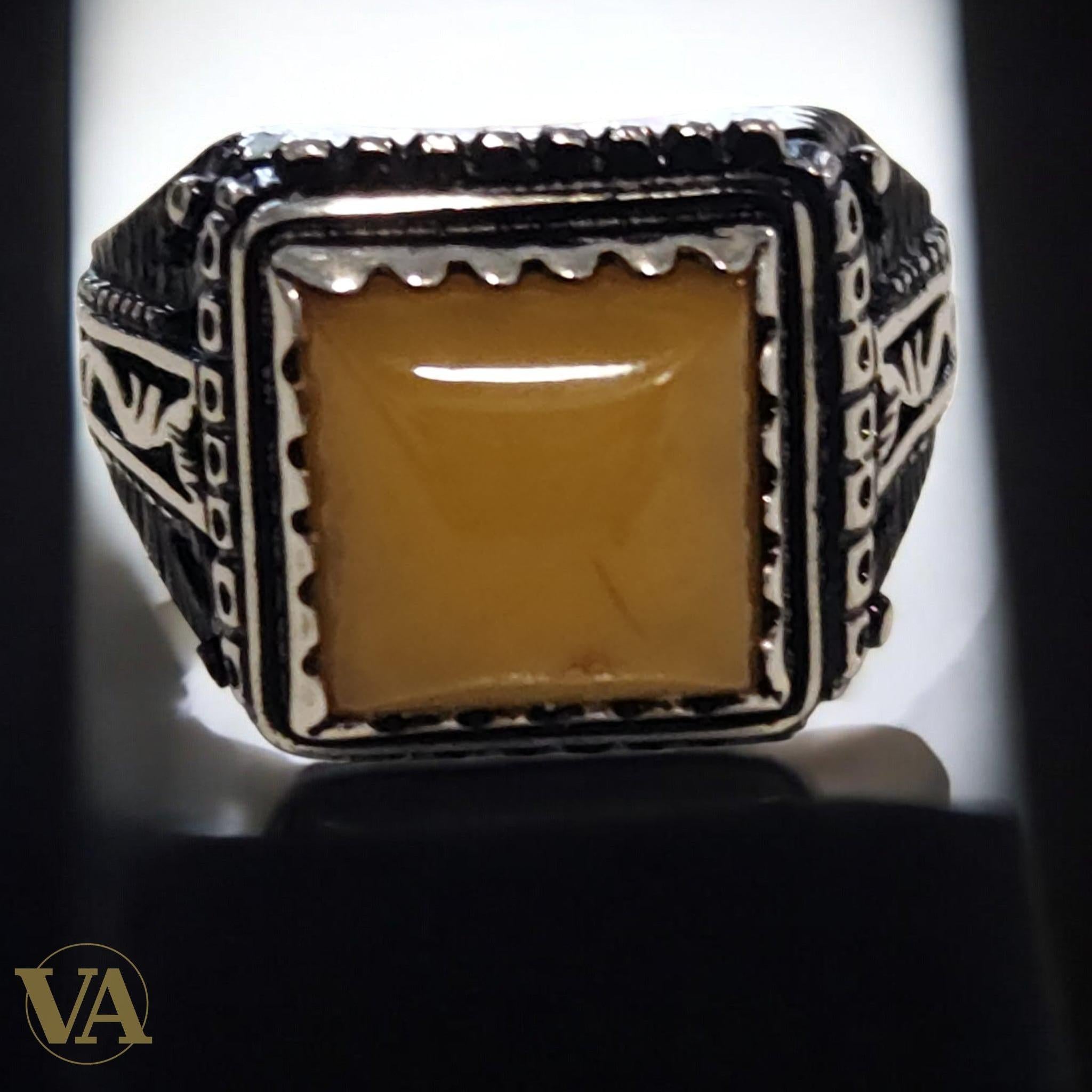 Bague Homme Argent 925 Ambre Jaune – Élégance Authentique - Argent 925 - Vindicta