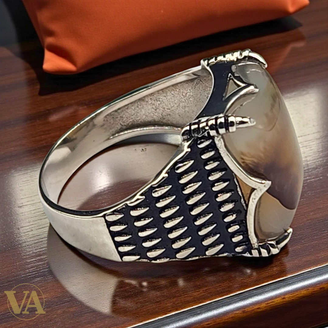 Bague Homme en Argent 925 & Agate Naturelle – Griffes Sculptées