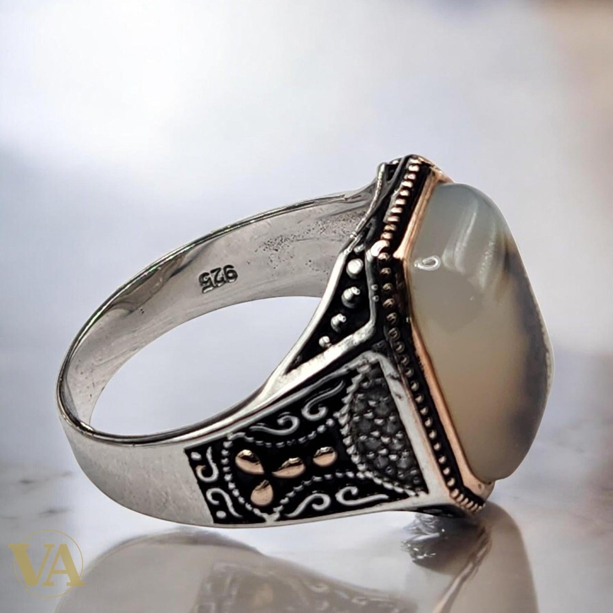 Bague Homme Argent 925 – Agate dendritique rectangulaire | Bijoux Vindicta