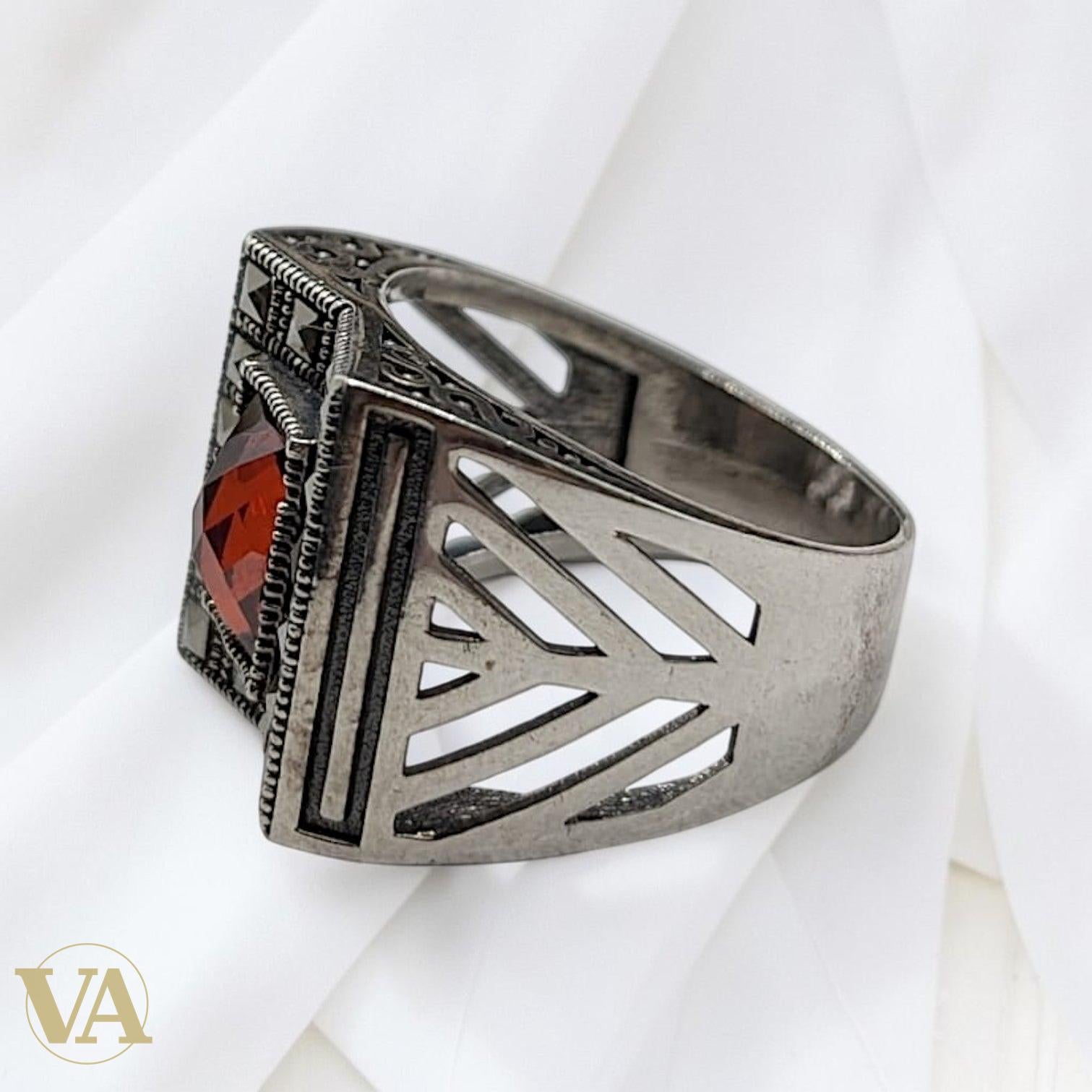 Chevalière Homme Argent 925 Grenat Rouge Marcassite Motif Éventail - Argent 925 - Vindicta