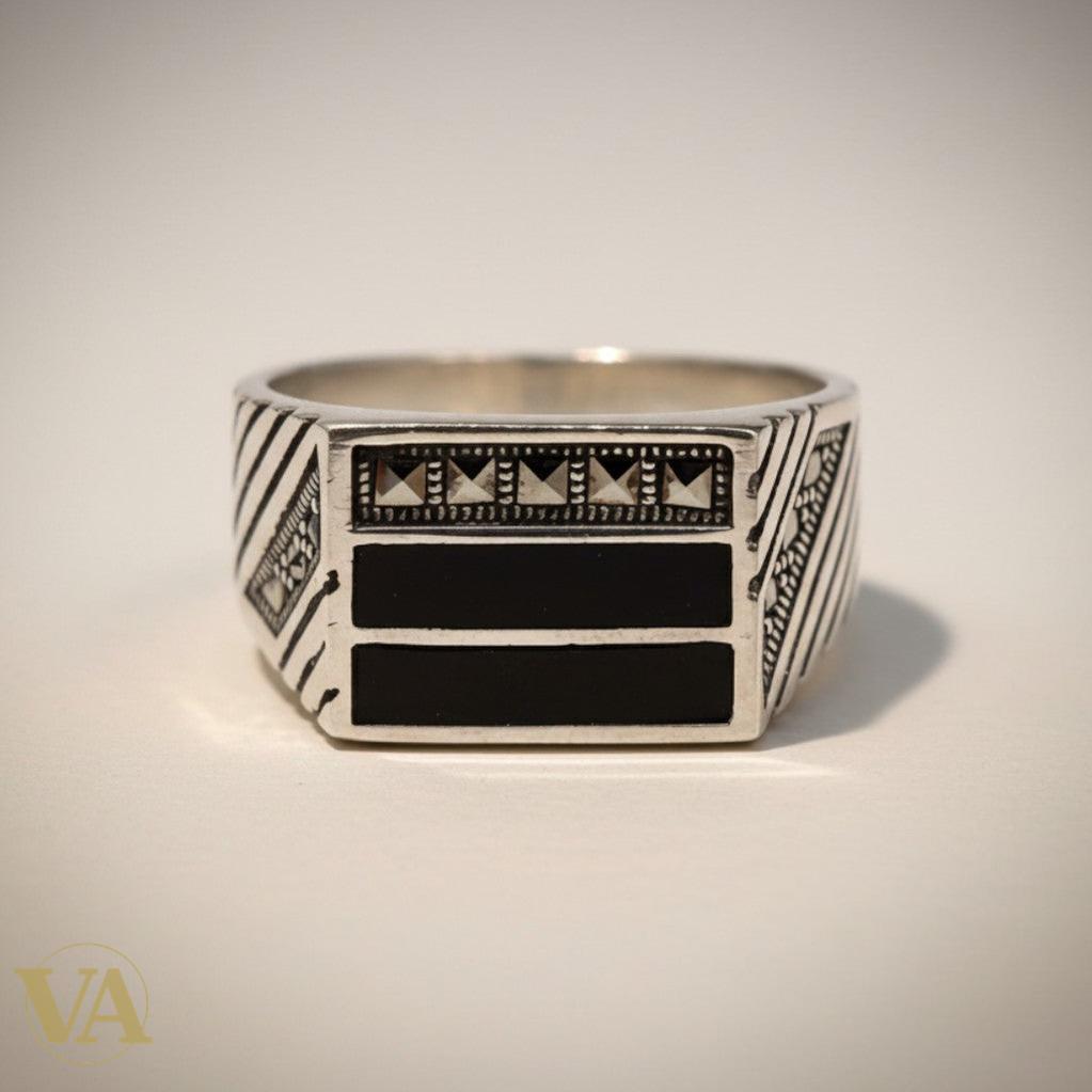 Chevalière Homme Argent 925 Onyx Noir et Marcassite | Bijoux Vindicta
