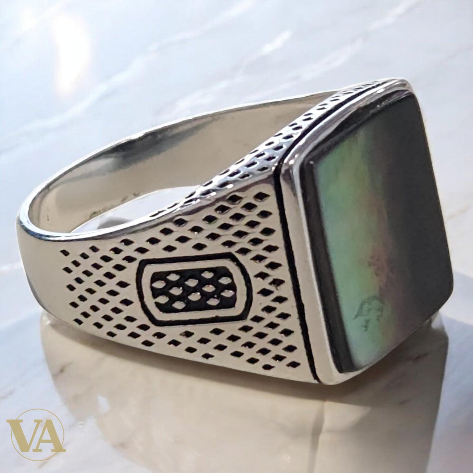 Bague Homme Argent 925 Nacre Grise Carrée