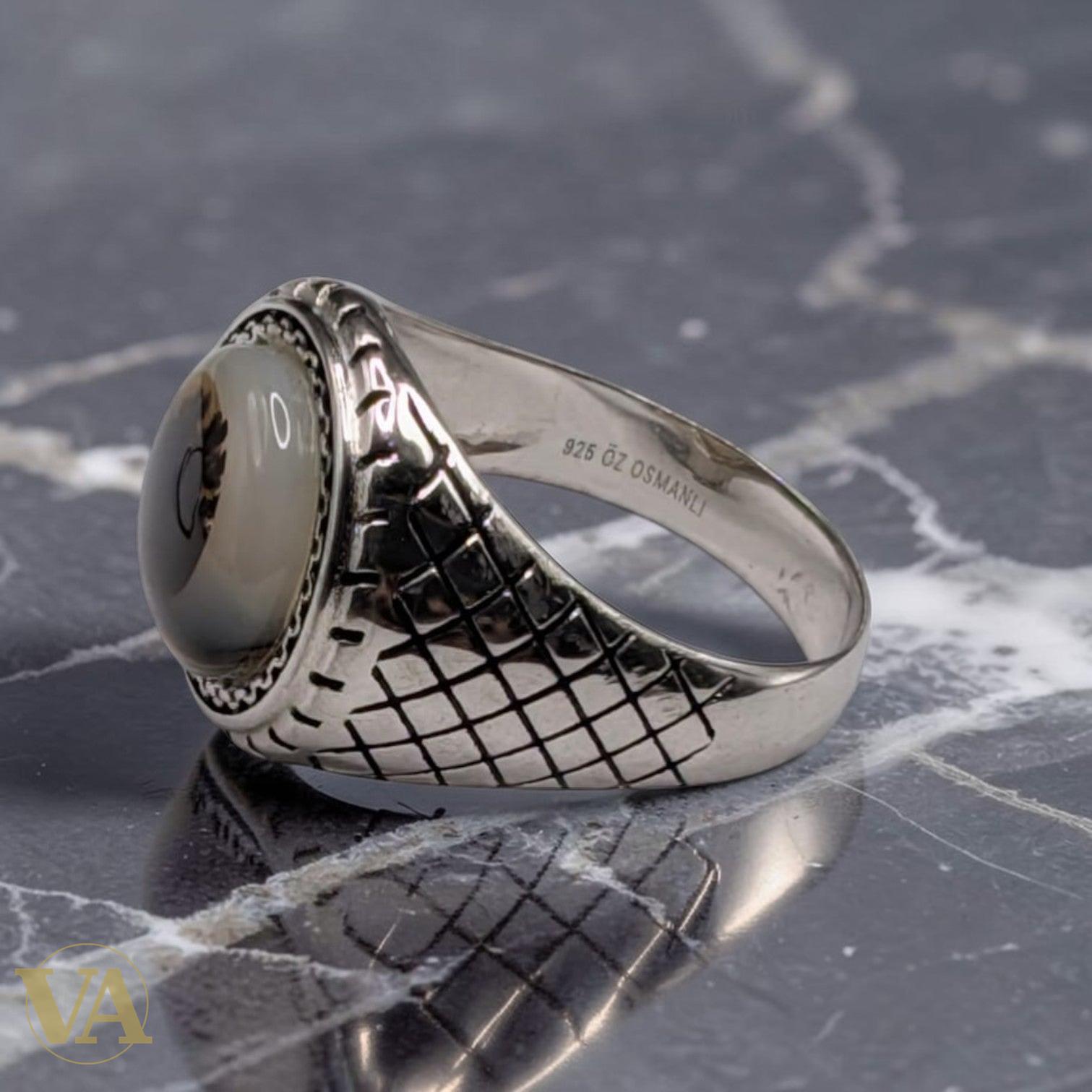 Bague Homme Argent 925 Agate Dendritique – Motif Quadrillé Ottoman | Bijoux Vindicta