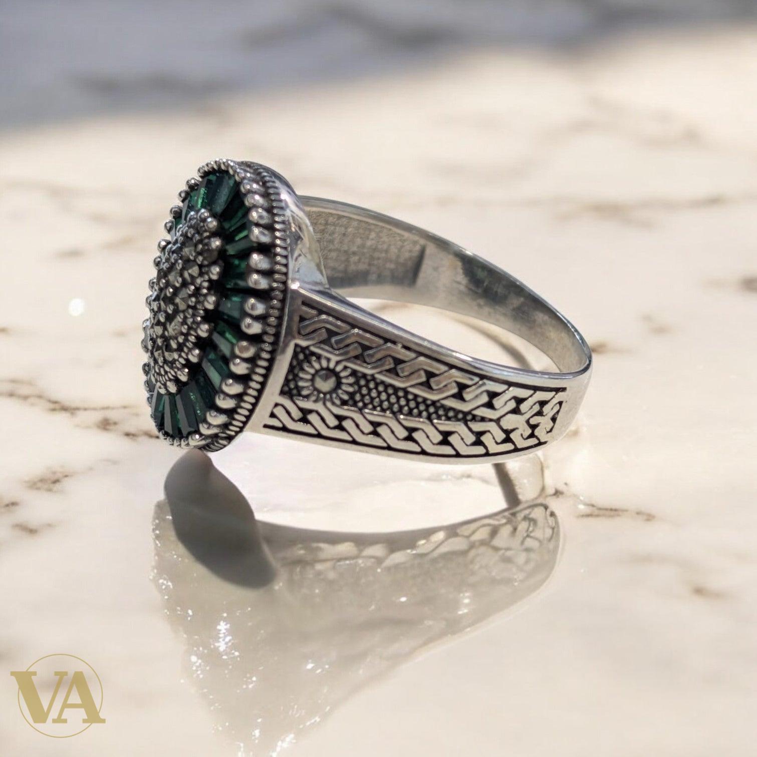 Bague Homme Argent 925 – Marcassite & Vert Émeraude