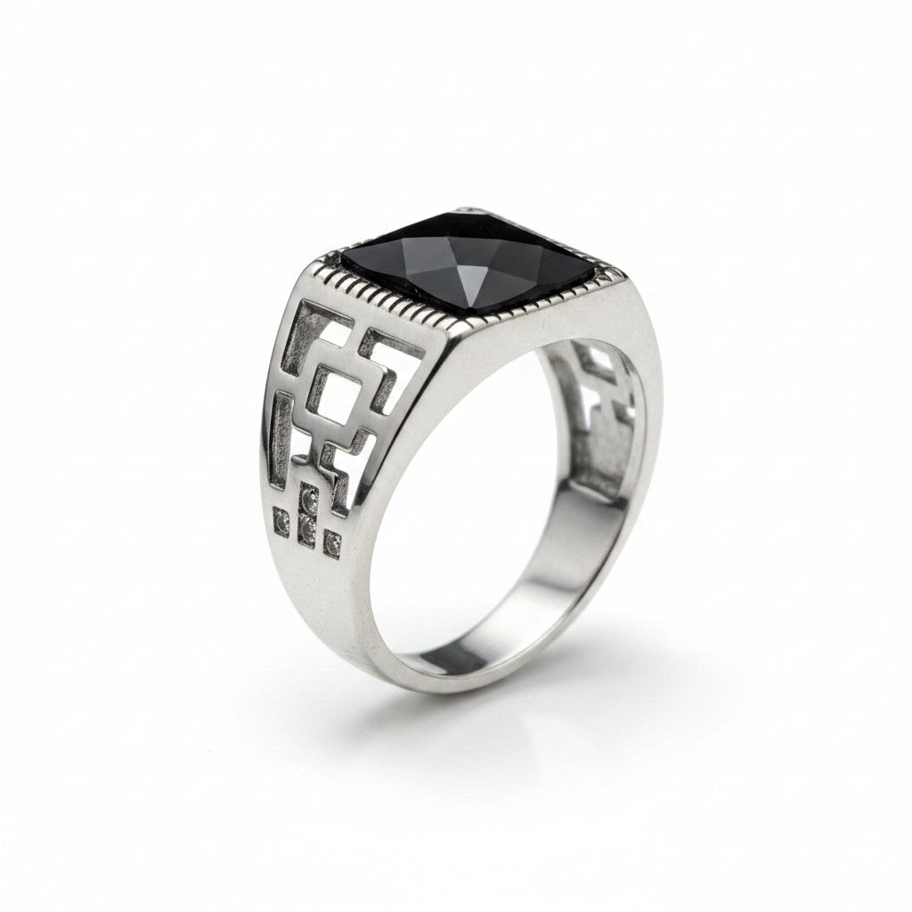 Chevalière Homme Argent 925 Onyx Noir Taille Carrée Motif Grec