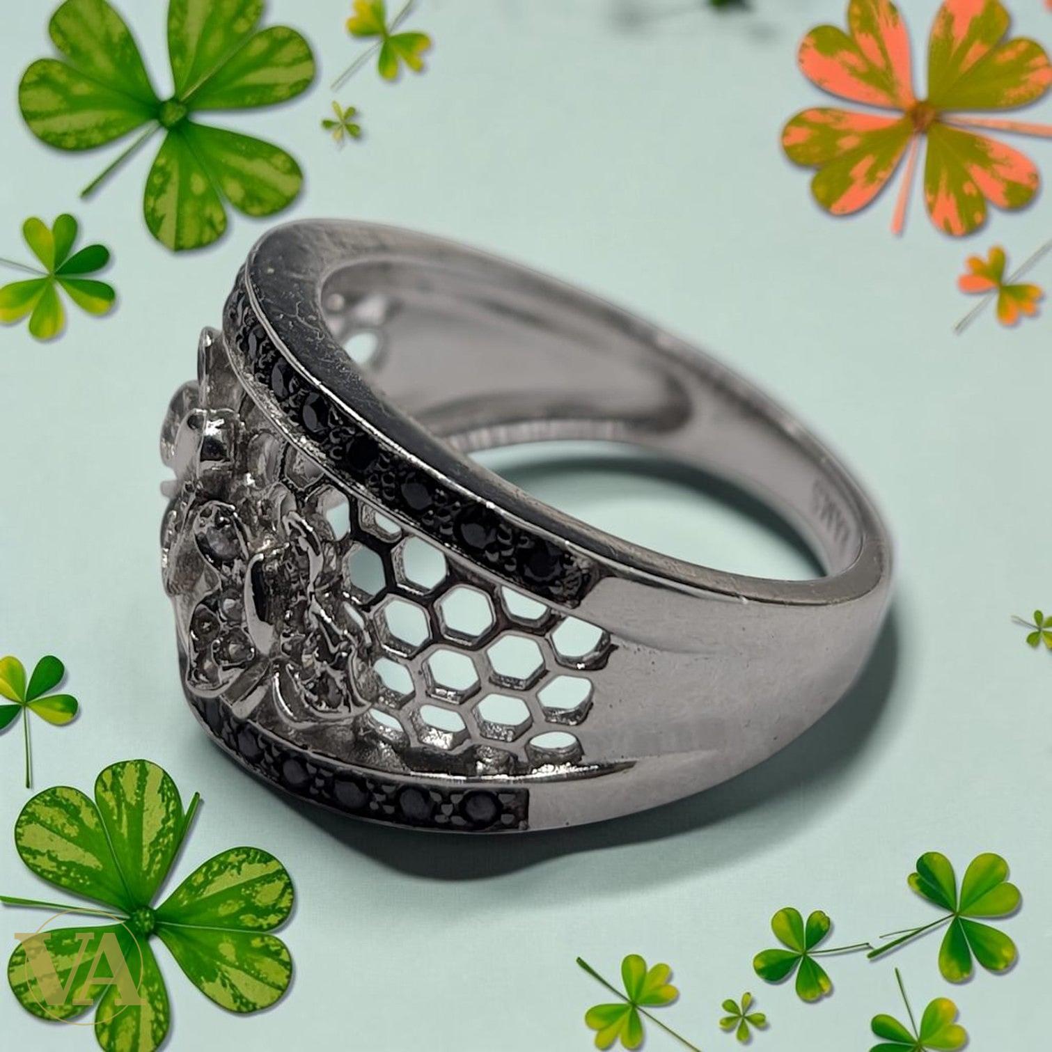 Bague femme argent 925 Abeilles Nid d'abeilles Onyx noir Zircons-Vindicta : Bijoux Argent 925 Massif, Luxe et Héritage