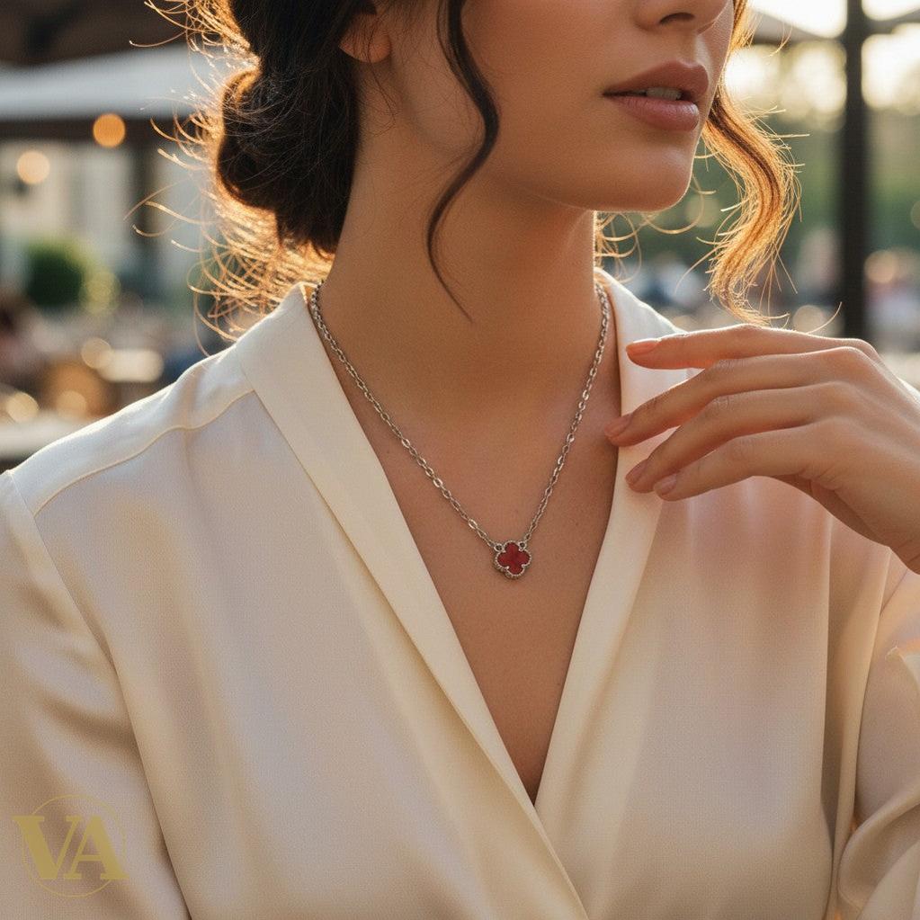 Collier Femme Cornaline Argent 925 — Pendentif Trèfle Pierre Naturelle