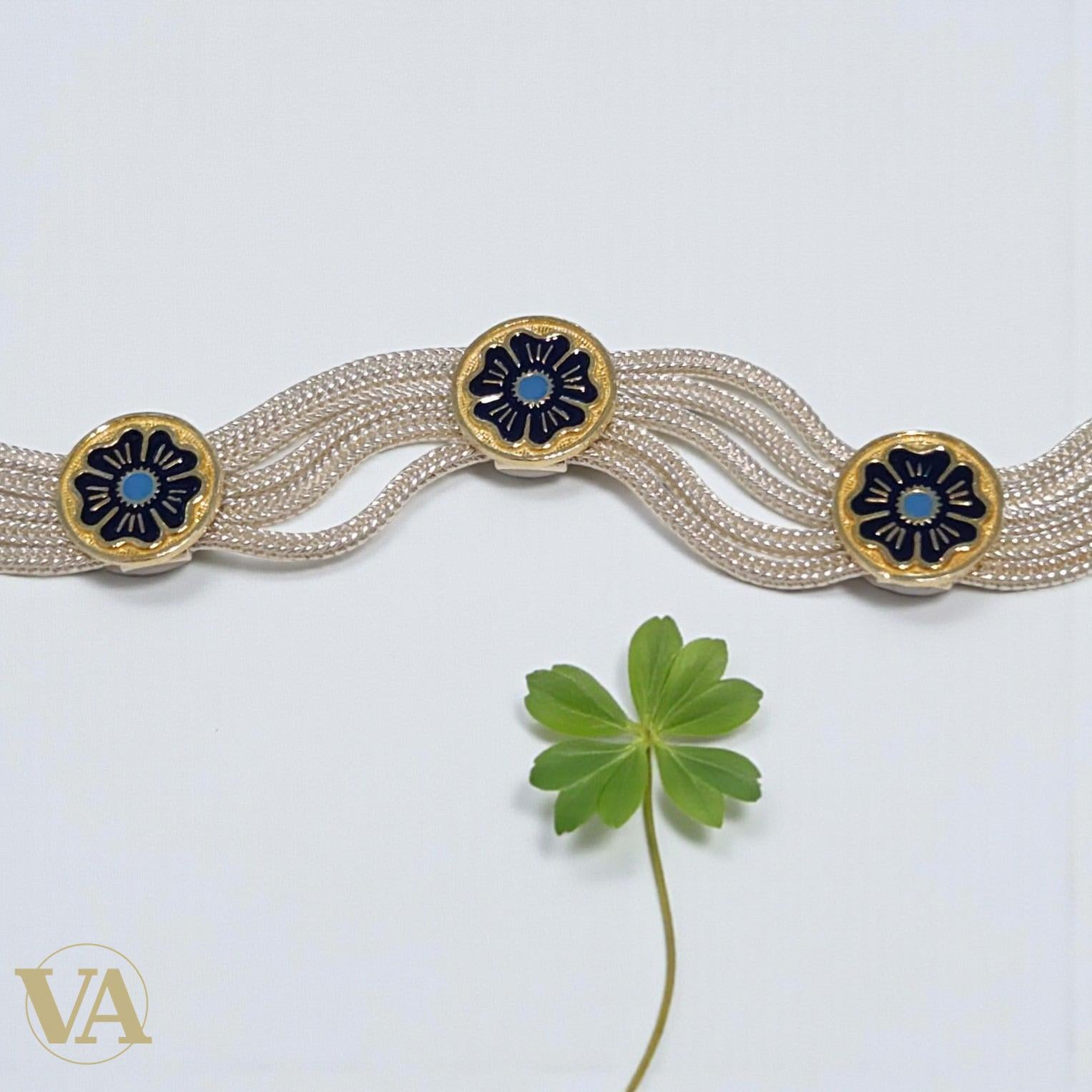 Bracelet femme argent 925 multi-chaînes rosaces dorées turquoise