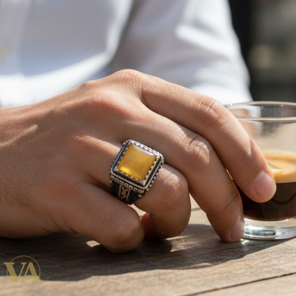 Bague Homme Argent 925 Ambre Jaune – Élégance Authentique