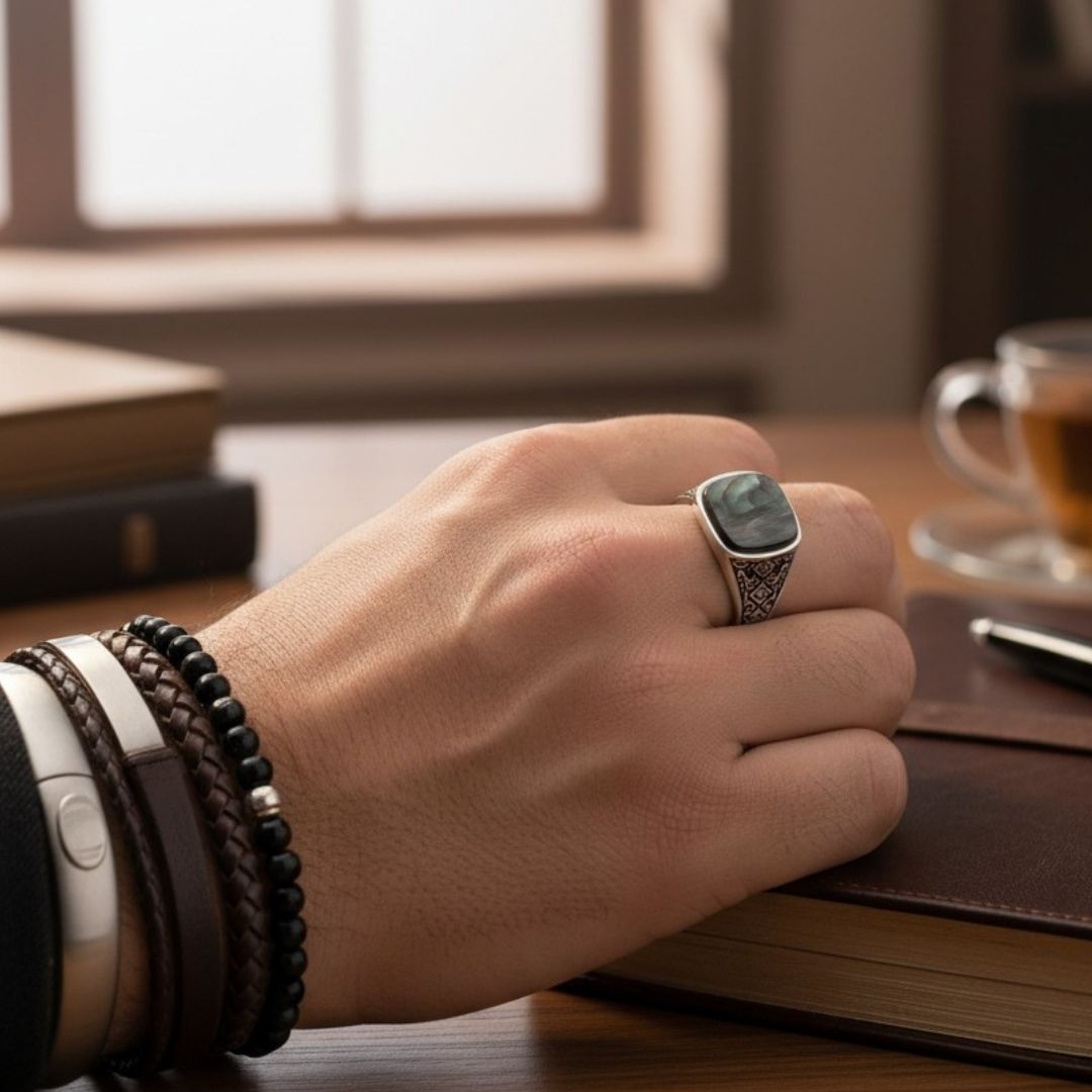 Chevalière Homme Argent 925 Nacre Noire Entrelacs Ciselés-Vindicta : Bijoux Argent 925 Massif, Luxe et Héritage